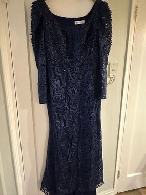 Mac Duggal Navy Beaded Lace Long Sleeve Evening Gown